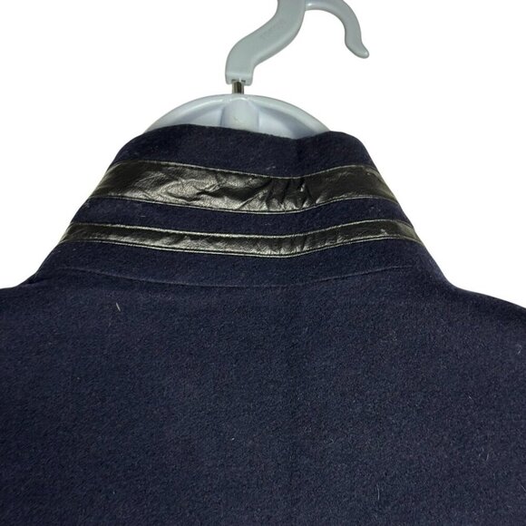 Shanghai Tang Womens Navy Blue Cashmere & Wool Coat Black leather trim Size 4 - Picture 6 of 8